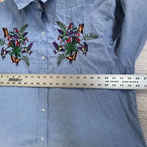 Casey Coleman Womens Floral & Butterfly Embroidered Button-Up Shirt Top XL Blue - Picture 6 of 8